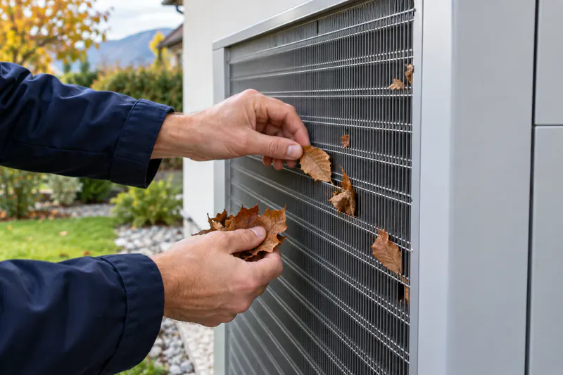 Hausbesitzer entfernt Laub vom Außengerät seiner Wärmepumpe