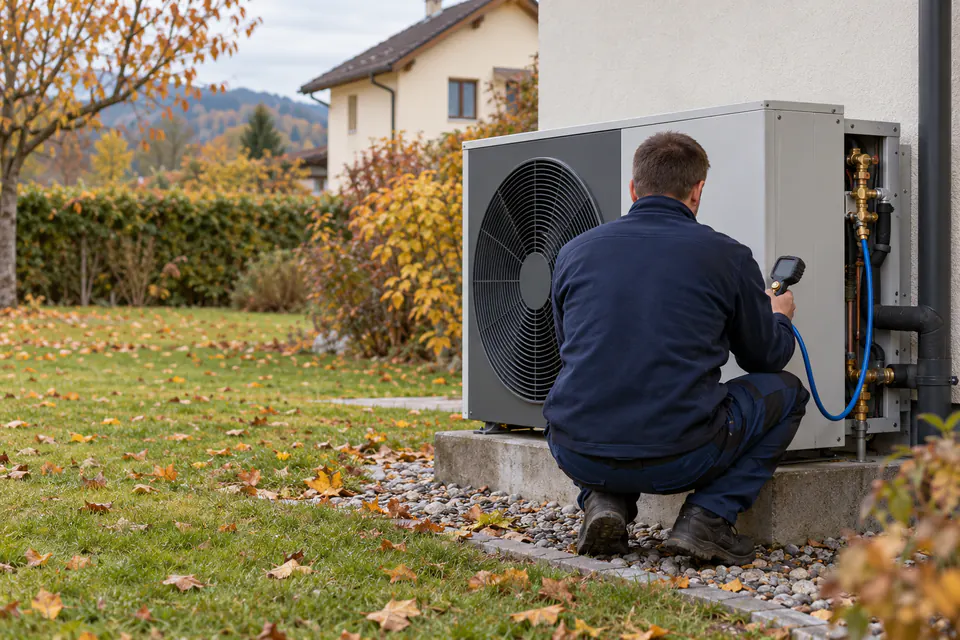 Servicetechniker bei der Wartung einer Luft-Wasser-Wärmepumpe im Garten