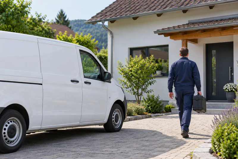 Servicetechniker kommt mit Werkzeugkoffer zur Wartung einer Wärmepumpe